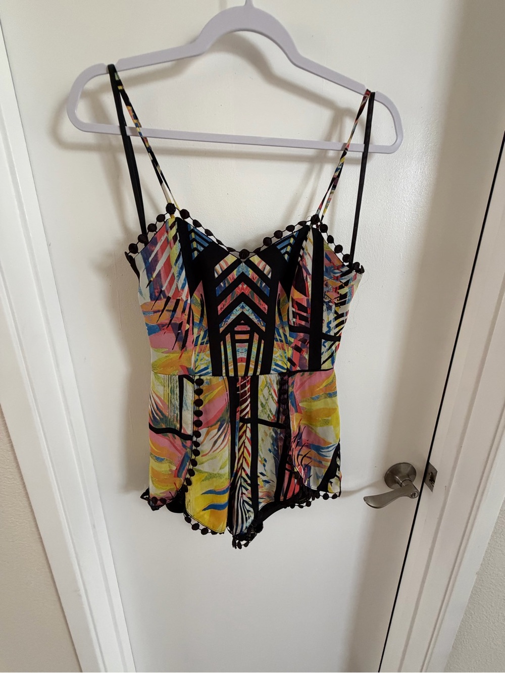 Material Girl Size S Multicolor Abstract Print Pom Pom Romper